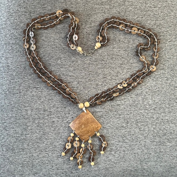 Necklace Brown Bead w/ Square Pendant - Picture 2 of 8